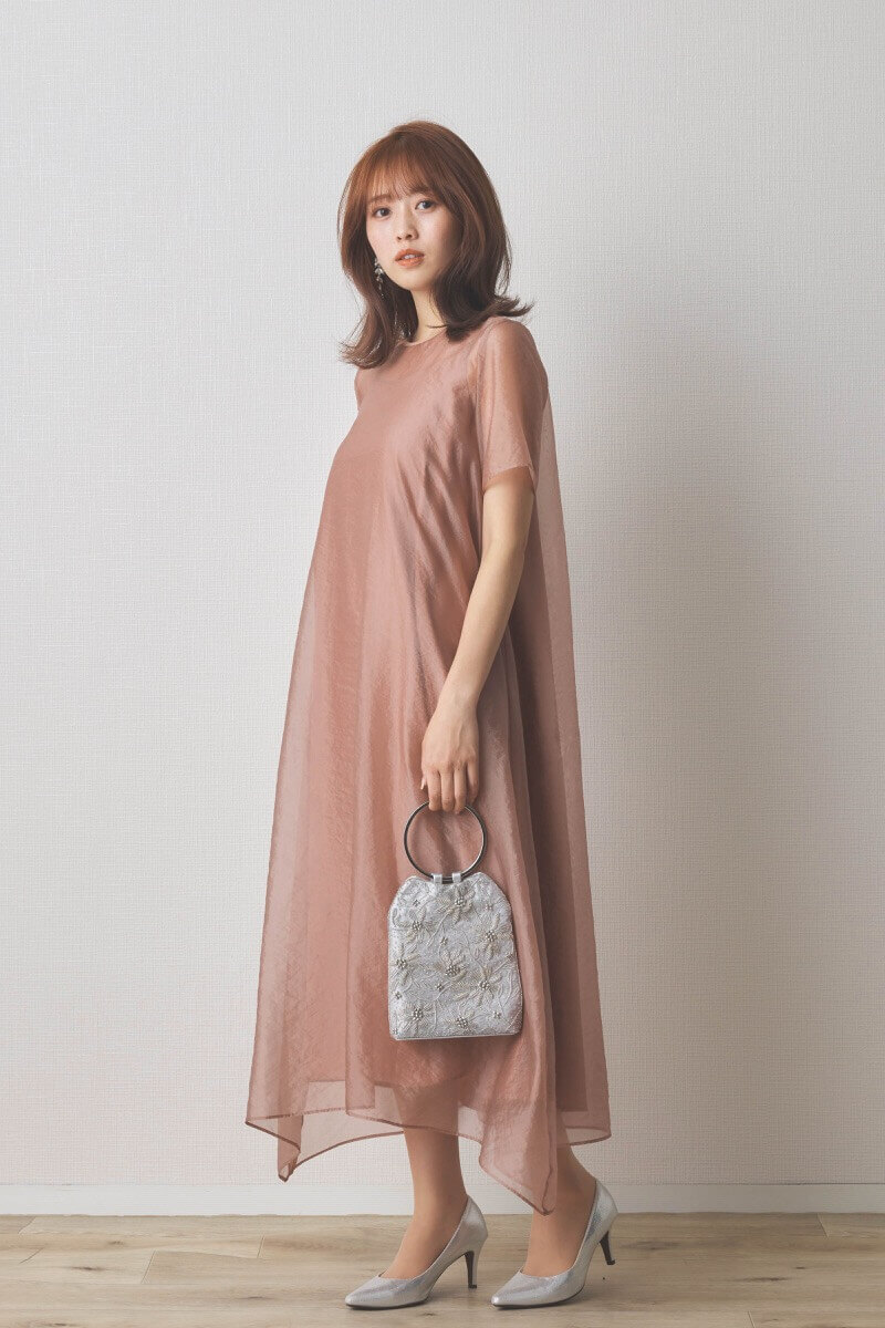 ピンクのシアーオーガンジーショートスリーブドレス