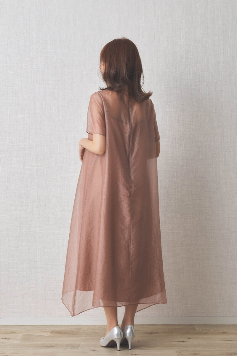 ピンクのシアーオーガンジーショートスリーブドレス