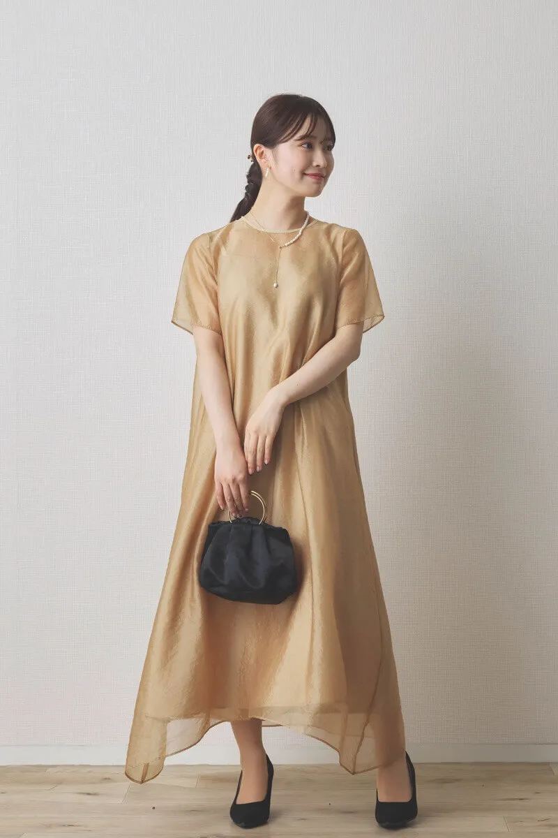 イエローのシアーオーガンジーショートスリーブドレス