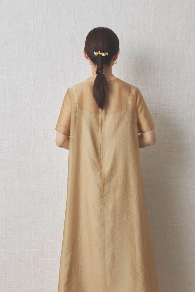 イエローのシアーオーガンジーショートスリーブドレス