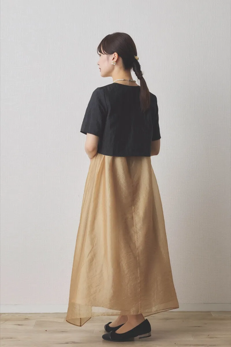 イエローのシアーオーガンジーショートスリーブドレス