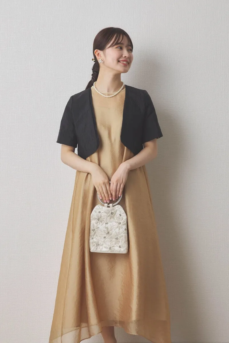 イエローのシアーオーガンジーショートスリーブドレス