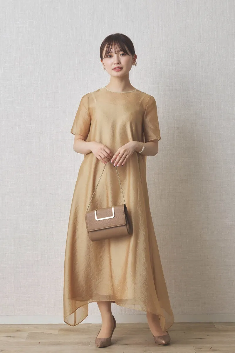 イエローのシアーオーガンジーショートスリーブドレス