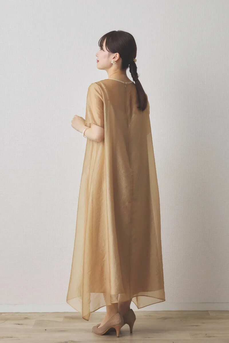 イエローのシアーオーガンジーショートスリーブドレス