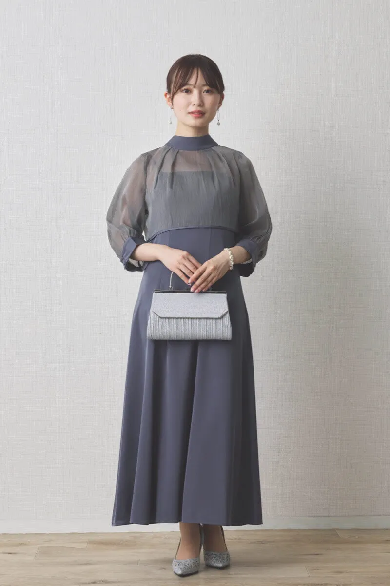 チャコールグレーのオーガンジーボレロ付きフレアドレス