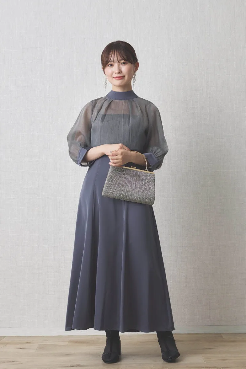 チャコールグレーのオーガンジーボレロ付きフレアドレス