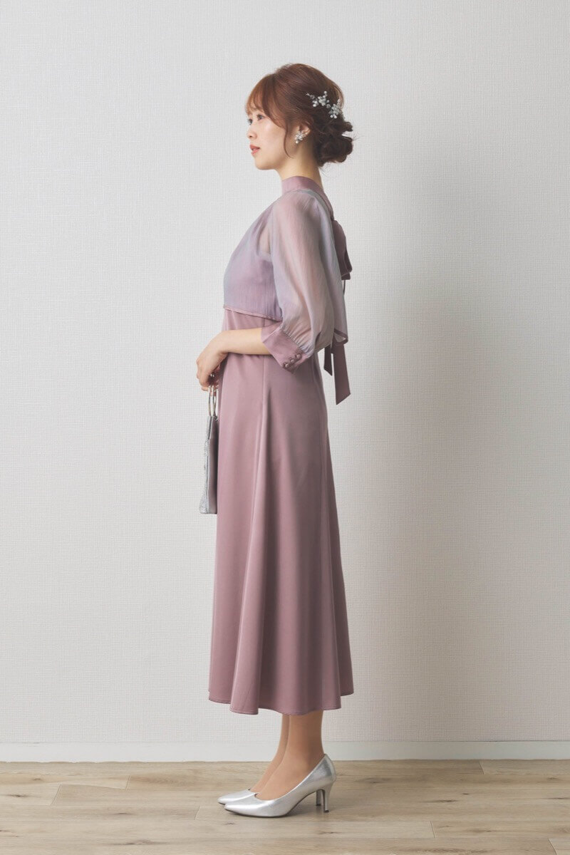 ラベンダーのオーガンジーボレロ付きフレアドレス