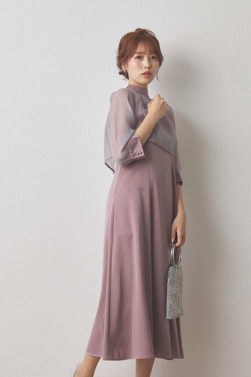 ラベンダーのオーガンジーボレロ付きフレアドレス