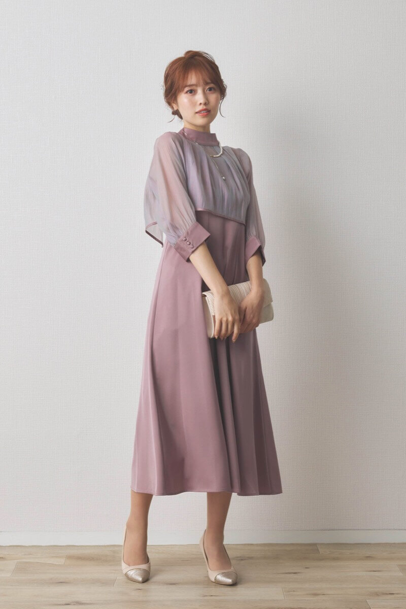 ラベンダーのオーガンジーボレロ付きフレアドレス