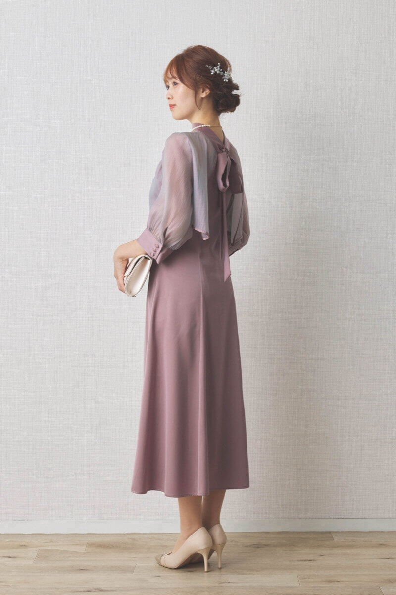 ラベンダーのオーガンジーボレロ付きフレアドレス