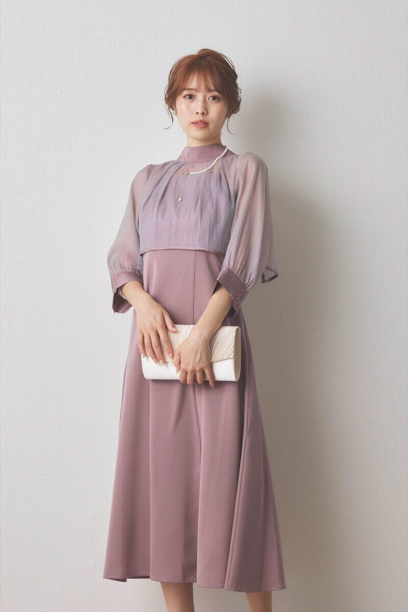 ラベンダーのオーガンジーボレロ付きフレアドレス