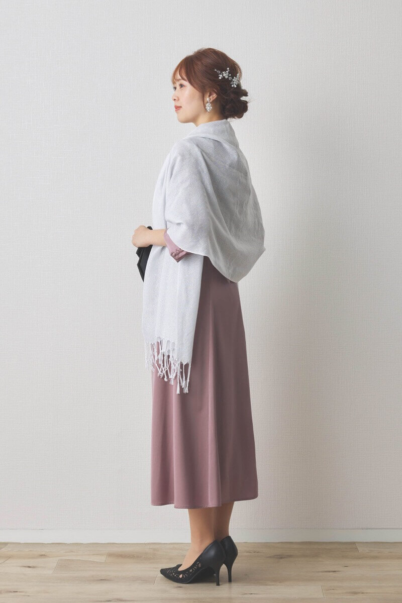 ラベンダーのオーガンジーボレロ付きフレアドレス