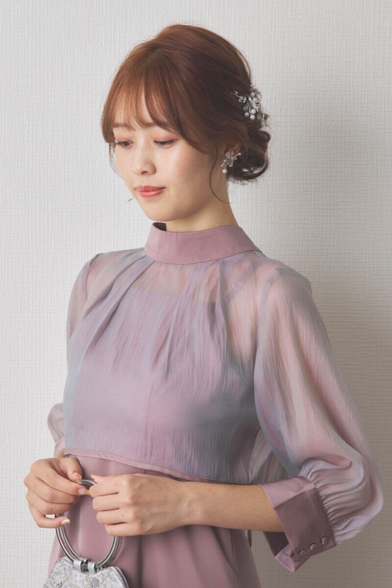 ラベンダーのオーガンジーボレロ付きフレアドレス