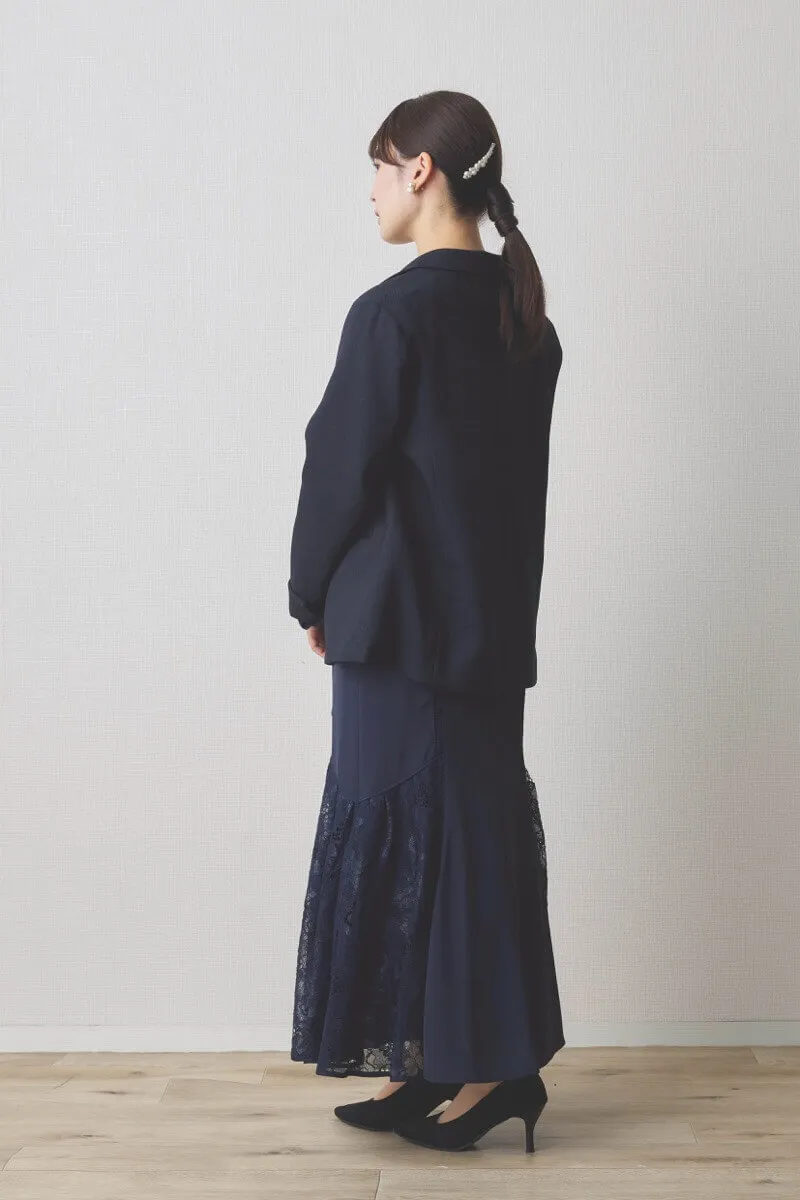 ネイビーのスイッチングレースマーメイドドレス
