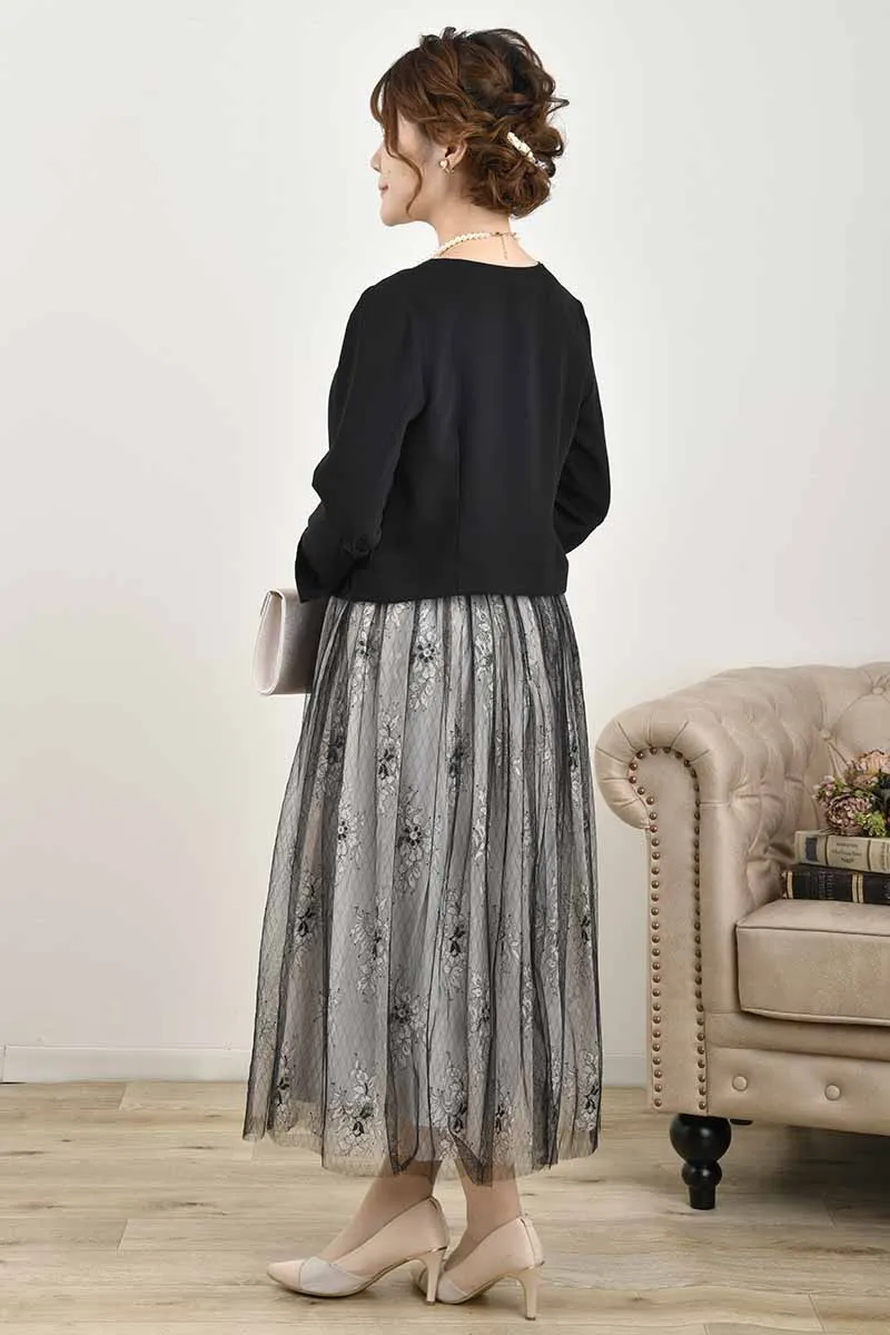 ブラック×グレーのチュールレースギャザードレス