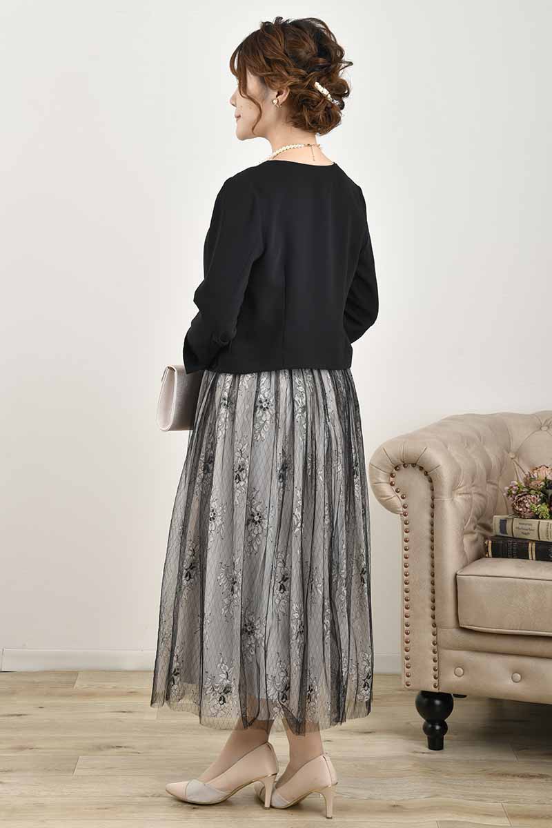 ブラック×グレーのチュールレースギャザードレス