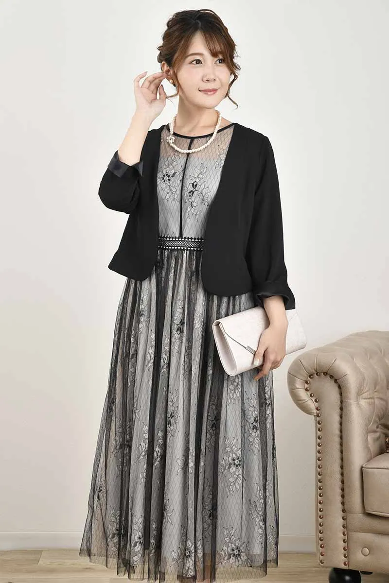 ブラック×グレーのチュールレースギャザードレス