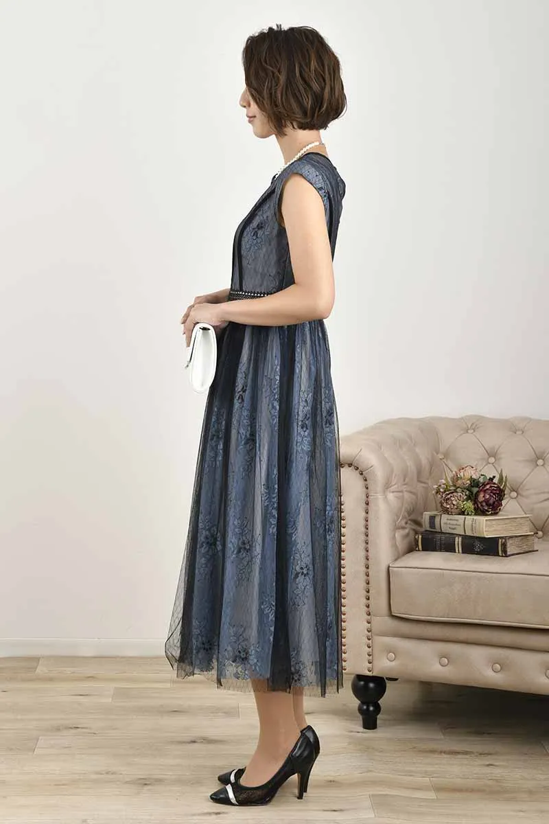 ブルー×ブラックのチュールレースギャザードレス