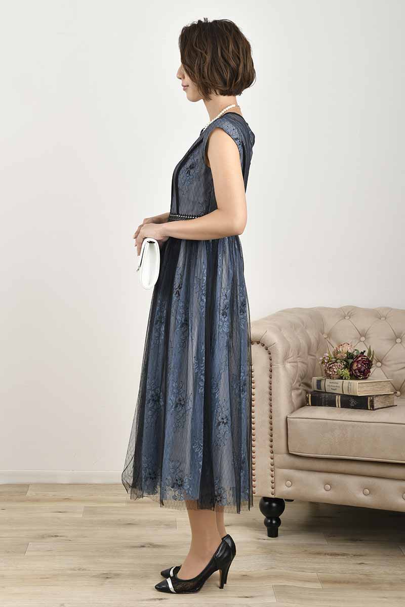 ブルー×ブラックのチュールレースギャザードレス