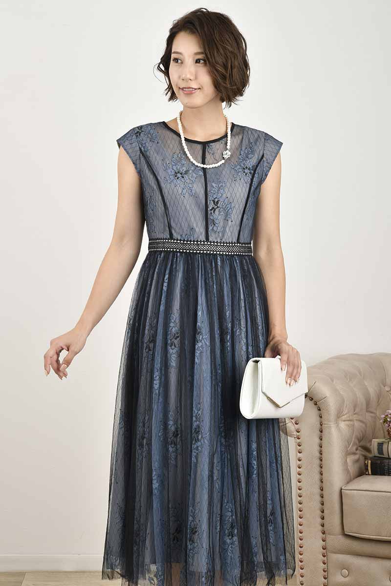 ブルー×ブラックのチュールレースギャザードレス