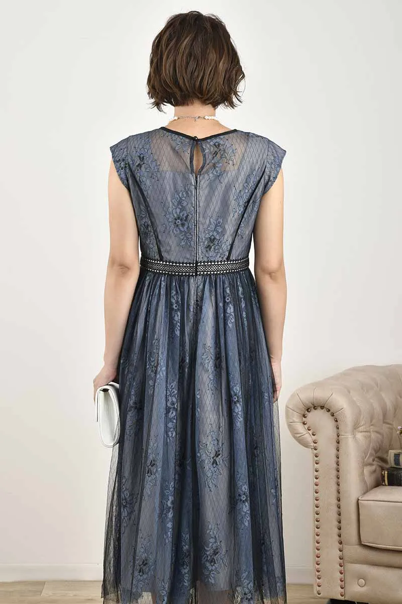 ブルー×ブラックのチュールレースギャザードレス