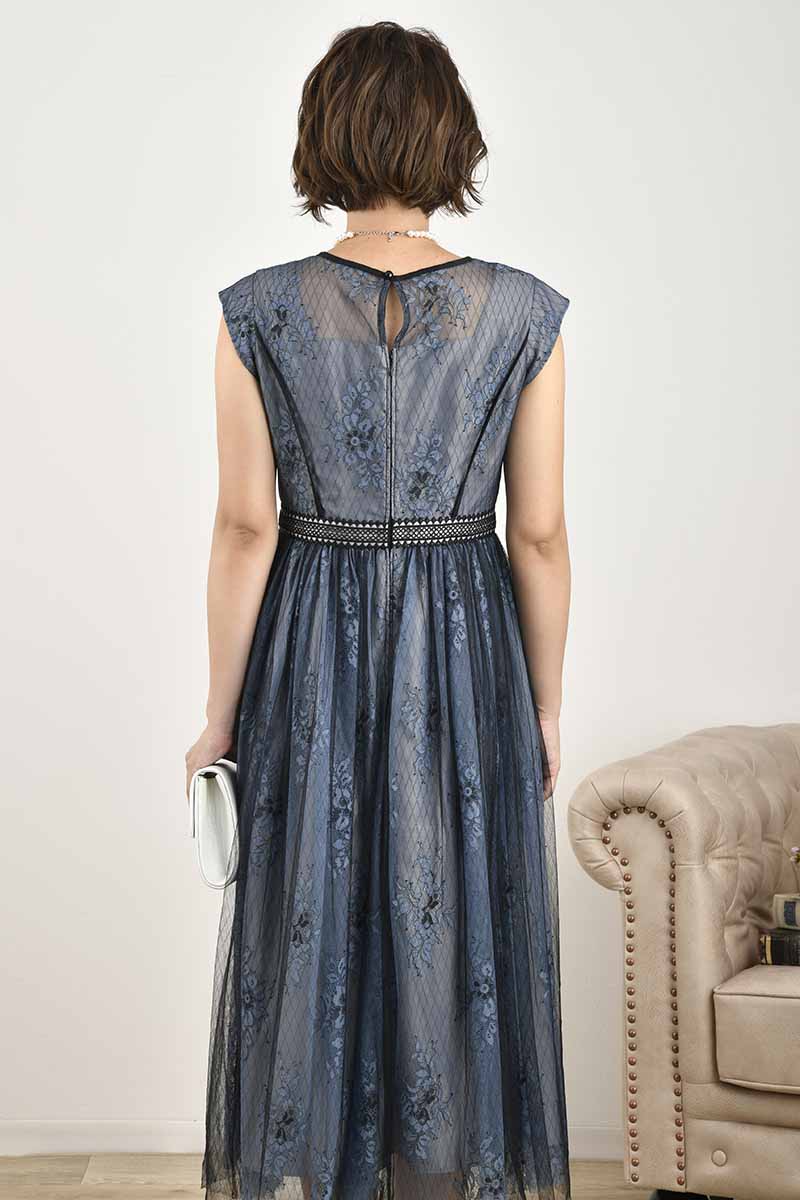 ブルー×ブラックのチュールレースギャザードレス