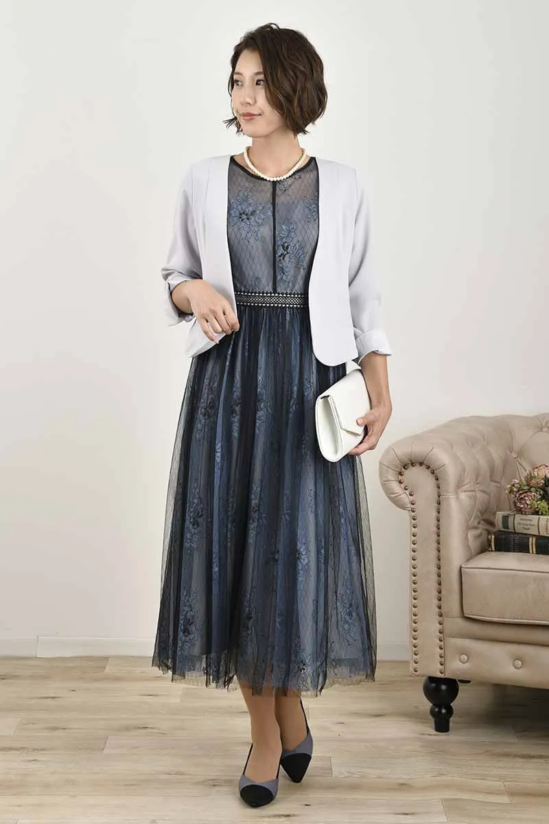 ブルー×ブラックのチュールレースギャザードレス