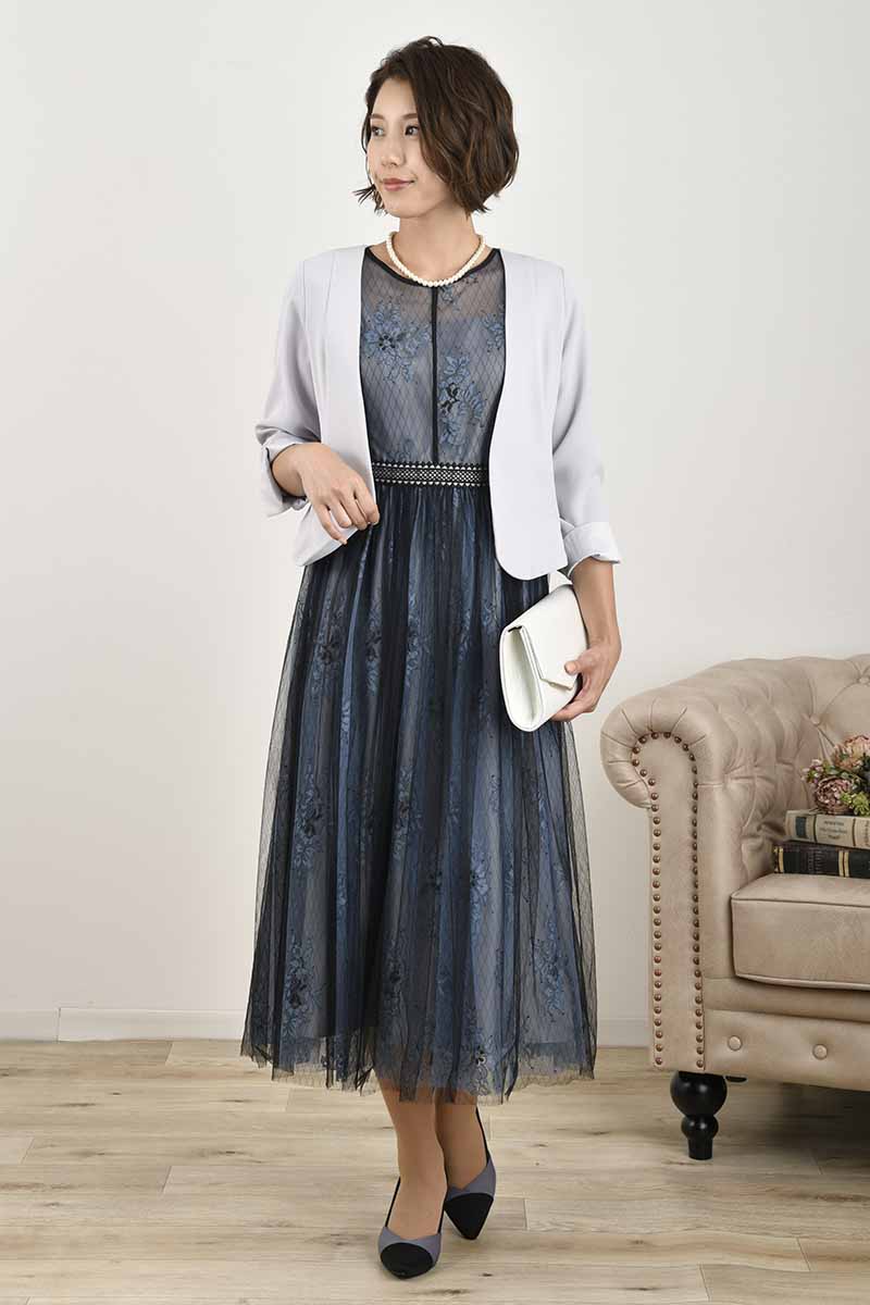 ブルー×ブラックのチュールレースギャザードレス