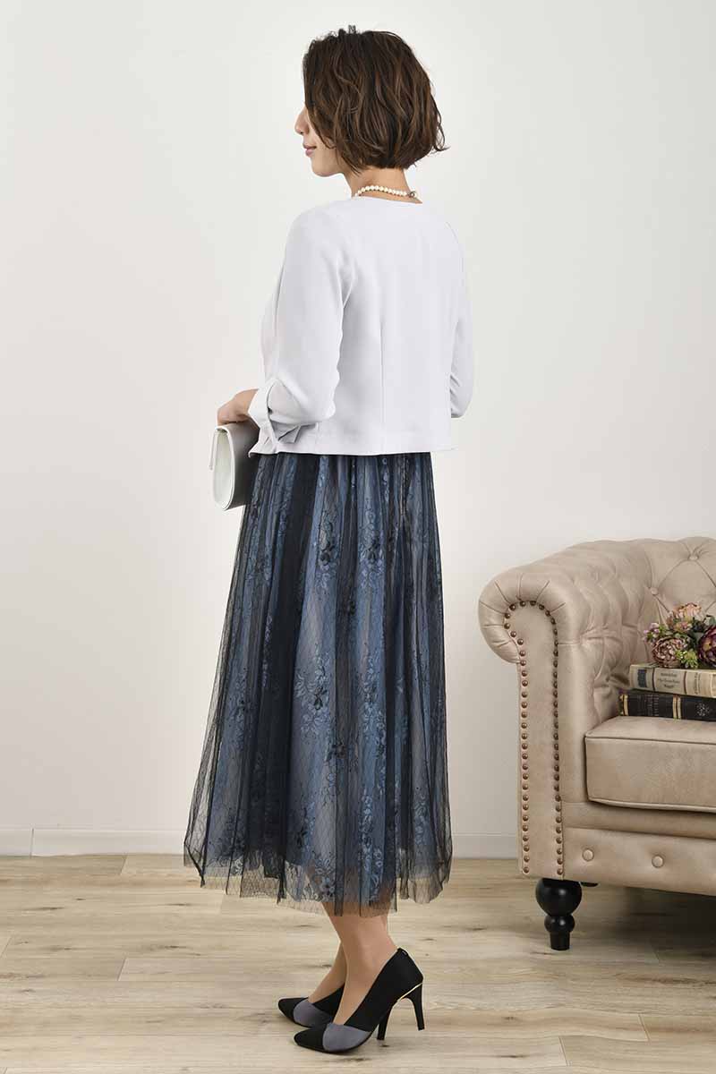 ブルー×ブラックのチュールレースギャザードレス