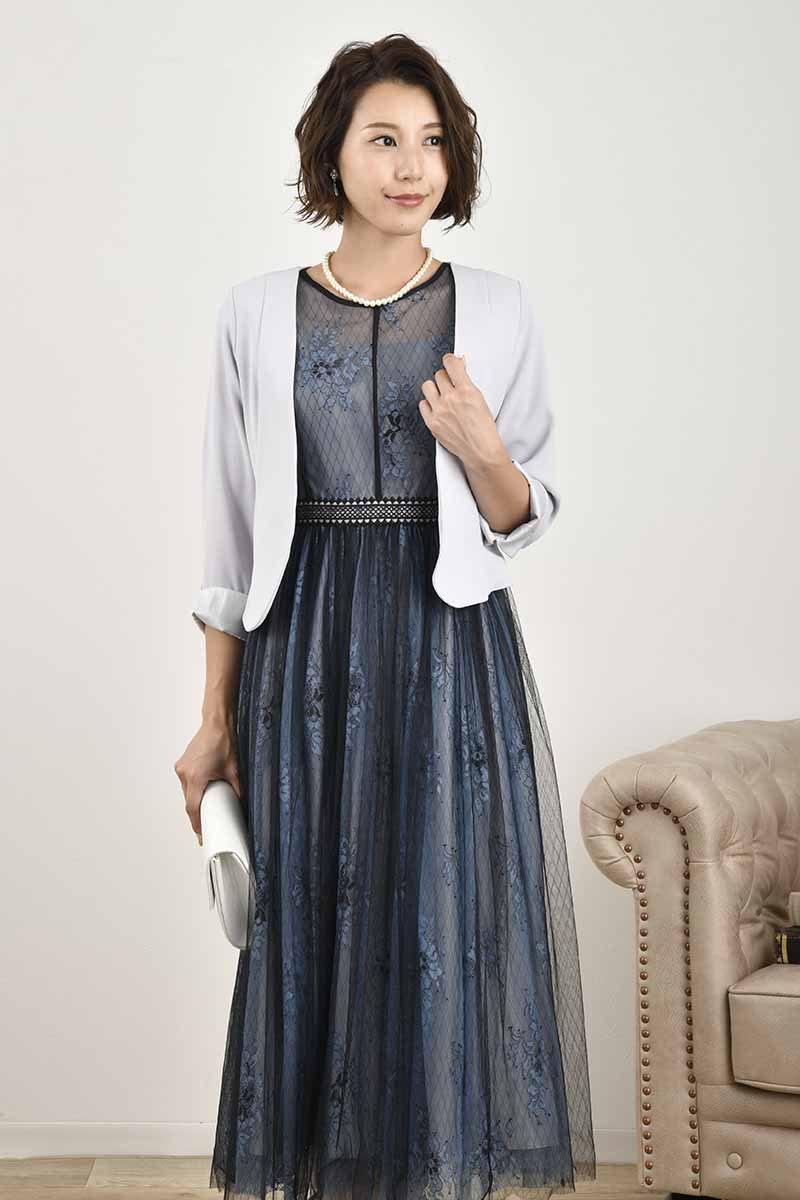 ブルー×ブラックのチュールレースギャザードレス