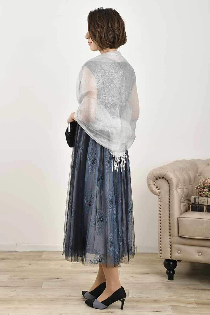 ブルー×ブラックのチュールレースギャザードレス