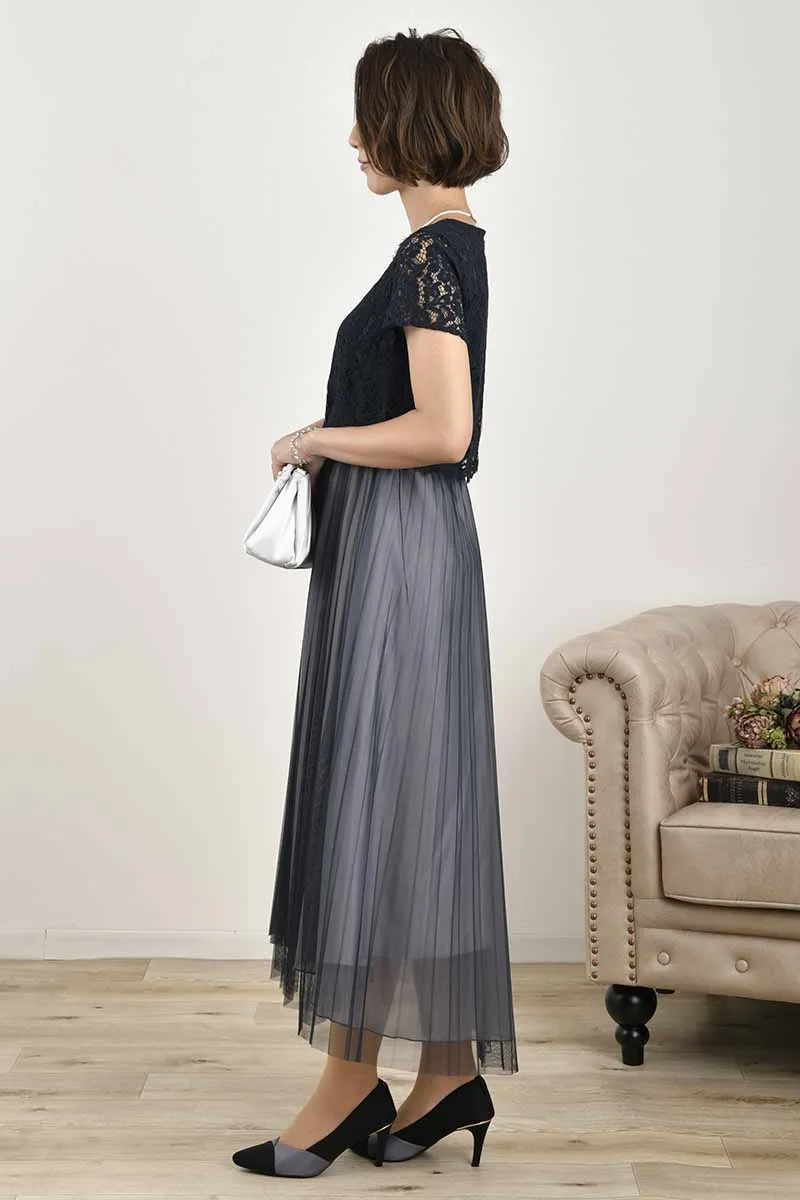 ネイビー×グレーのレースコンビチュールドレス