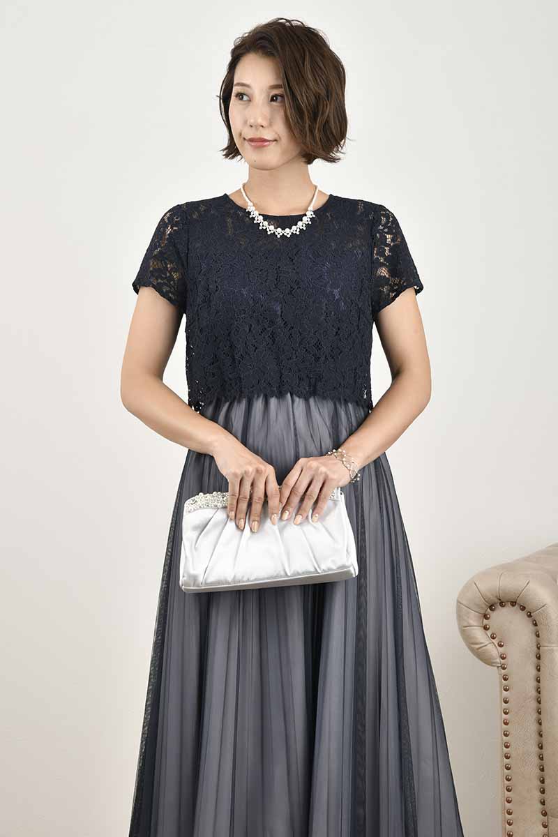 ネイビー×グレーのレースコンビチュールドレス
