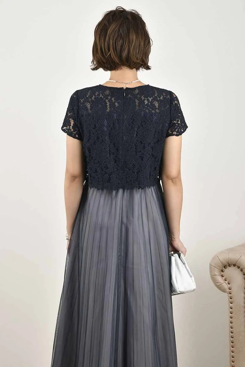 ネイビー×グレーのレースコンビチュールドレス