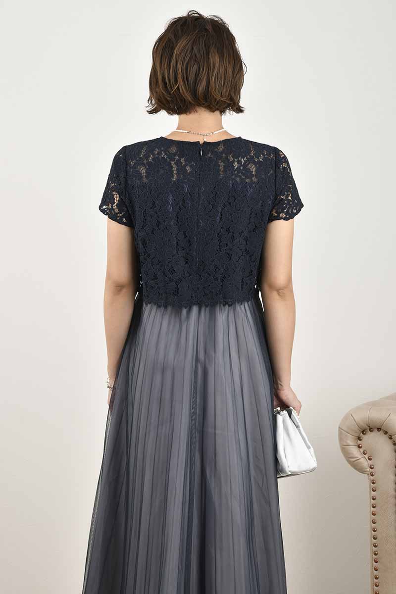 ネイビー×グレーのレースコンビチュールドレス