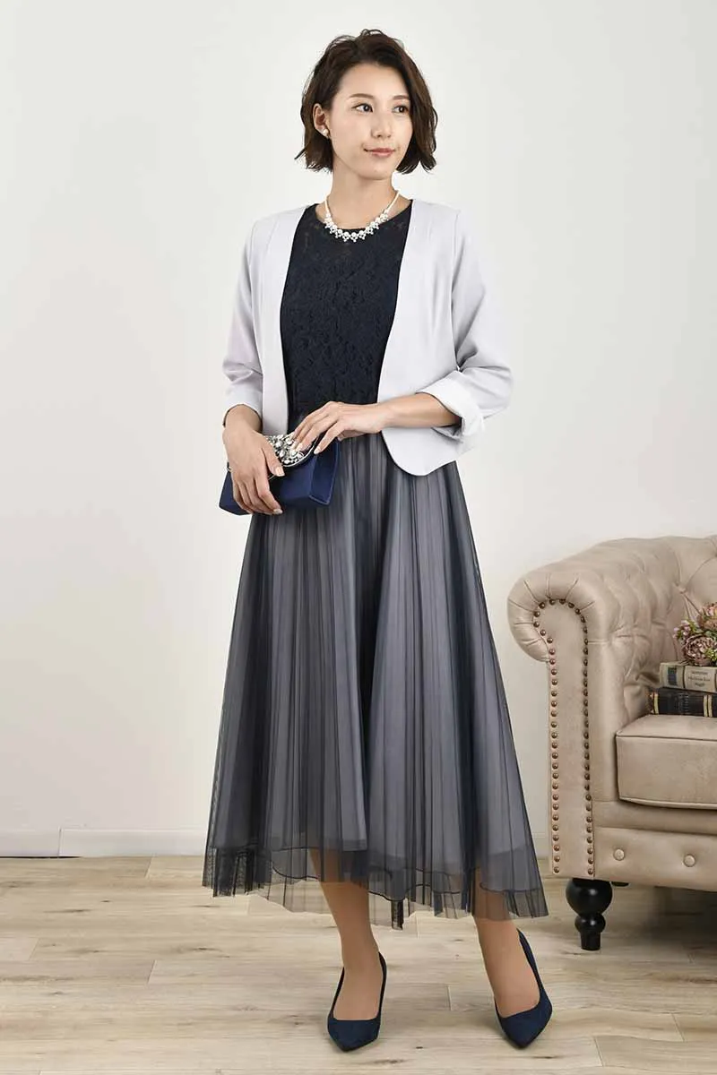 ネイビー×グレーのレースコンビチュールドレス