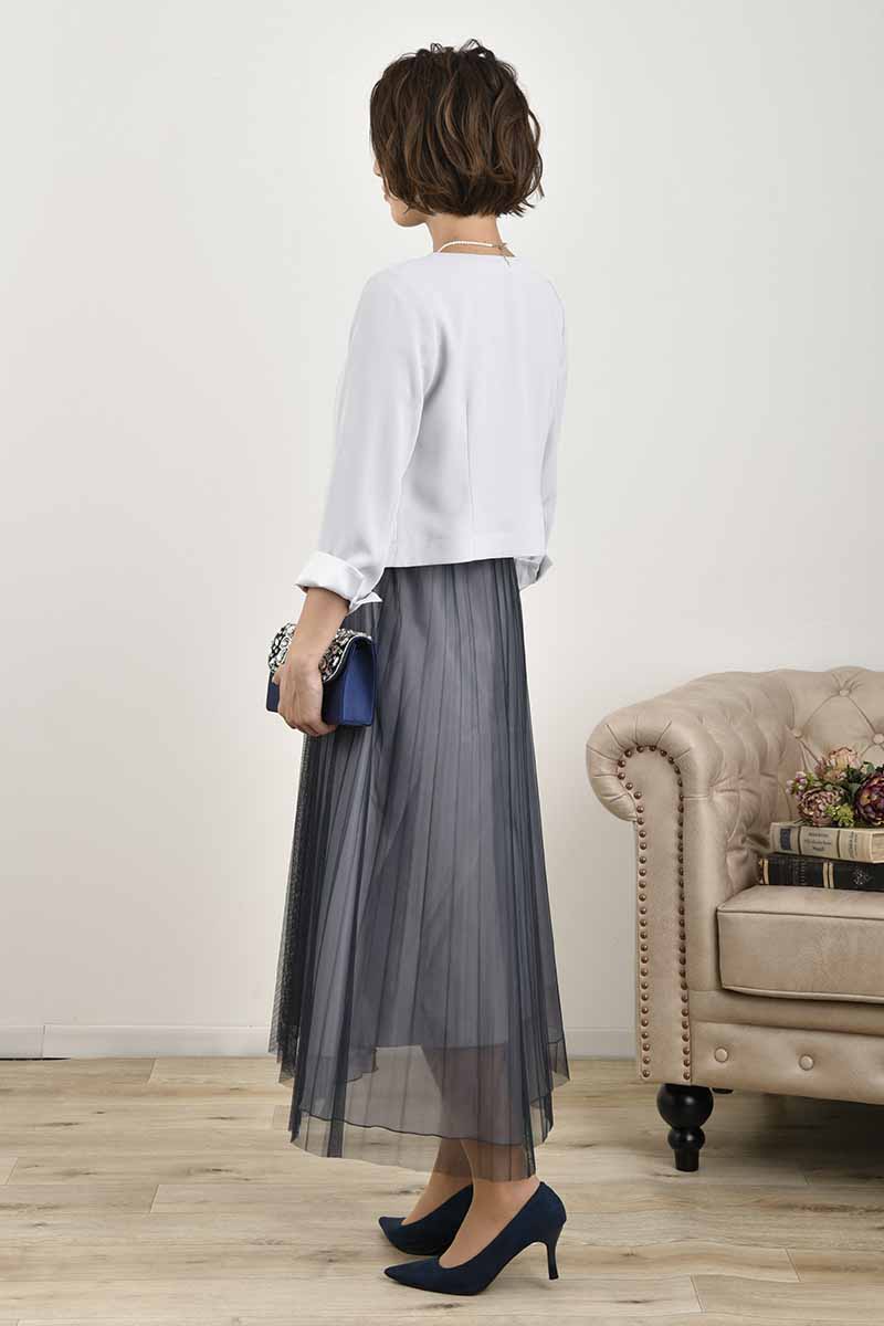 ネイビー×グレーのレースコンビチュールドレス