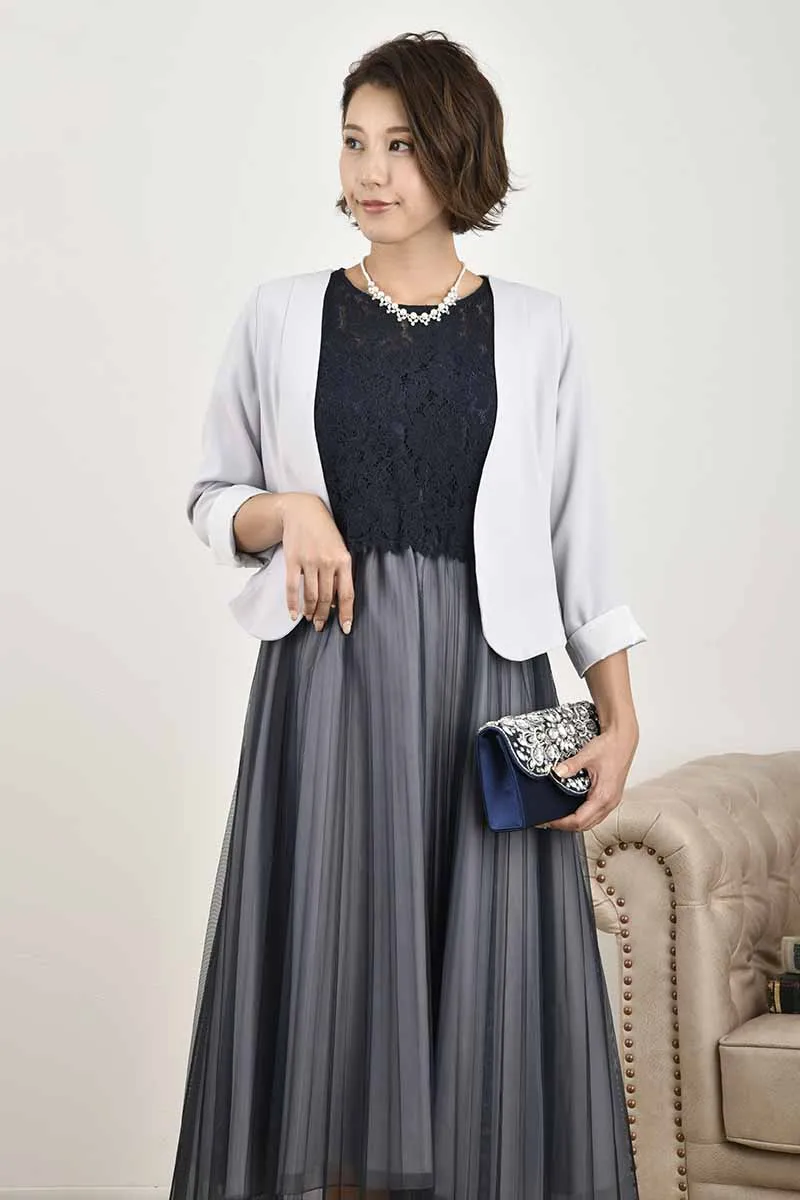 ネイビー×グレーのレースコンビチュールドレス