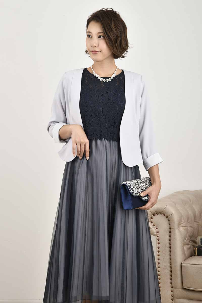ネイビー×グレーのレースコンビチュールドレス