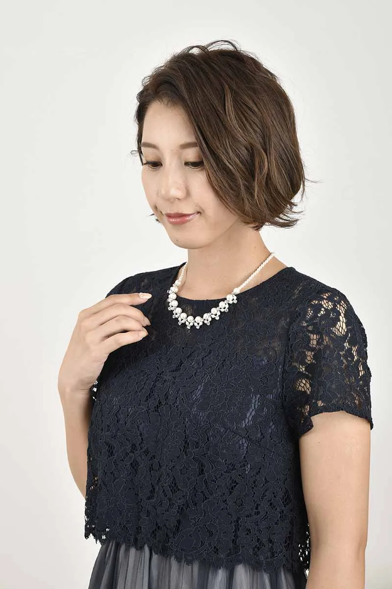 ネイビー×グレーのレースコンビチュールドレス