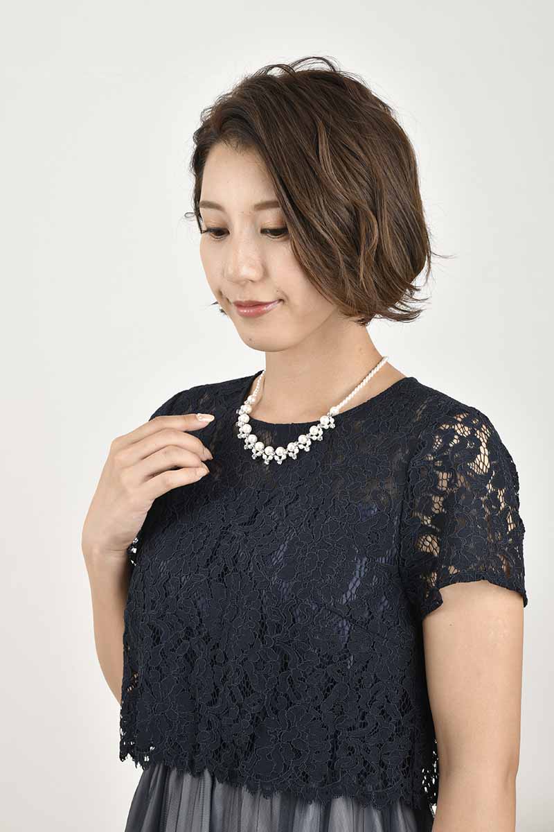 ネイビー×グレーのレースコンビチュールドレス