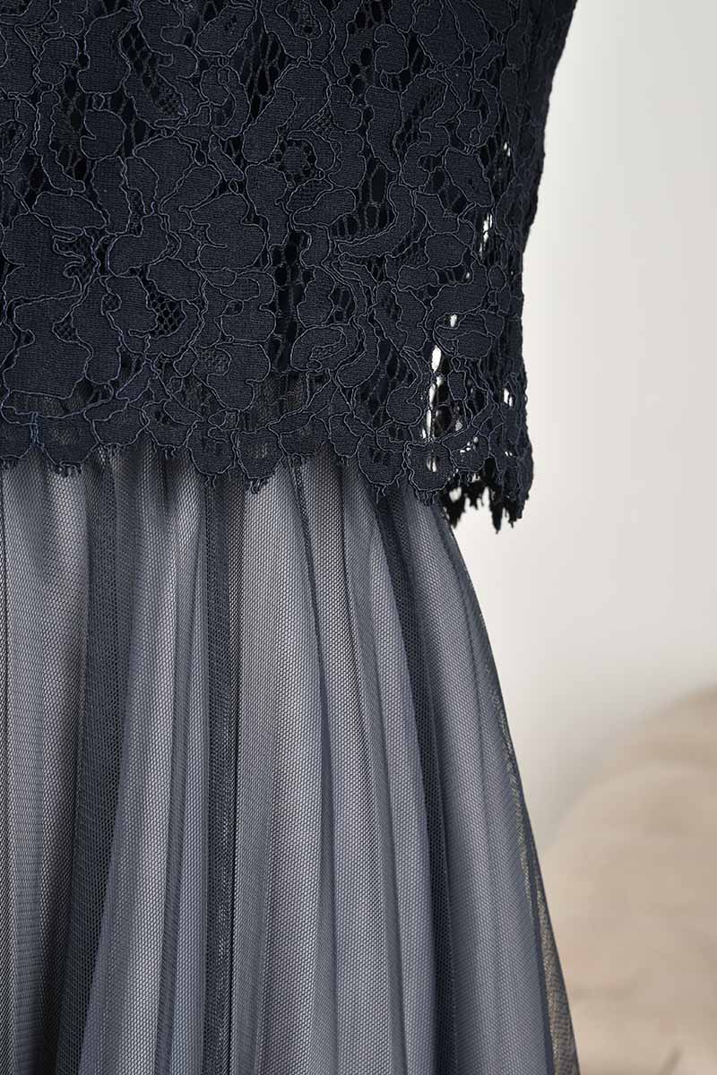 ネイビー×グレーのレースコンビチュールドレス