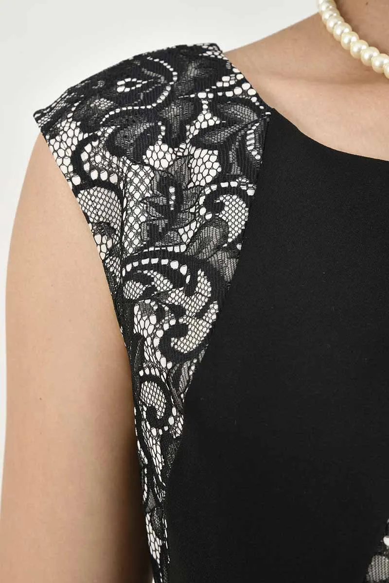 ブラックのレース切替ミディドレス