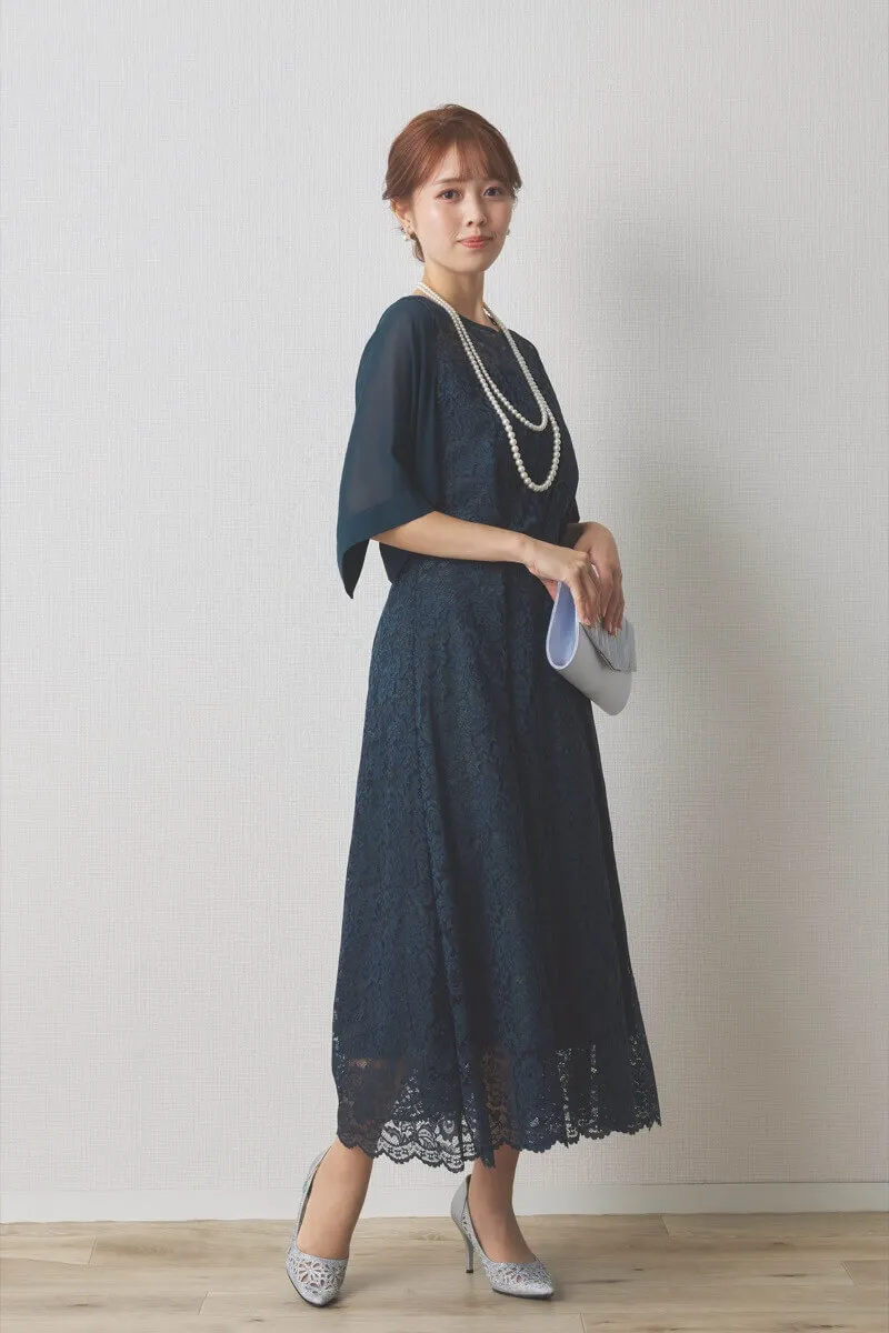 グリーンのスクエアスリーブフラワーレースドレス