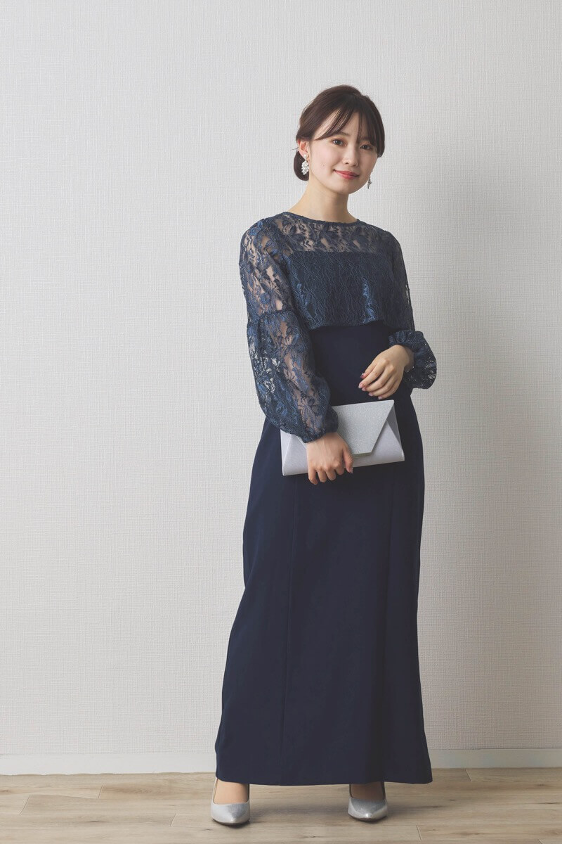 ネイビーのレースブラウス付きタイトラインドレス