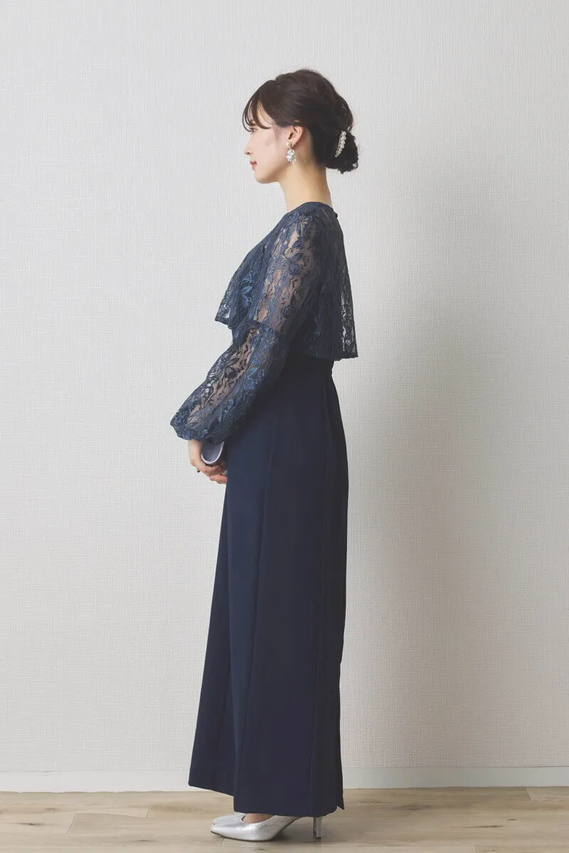 ネイビーのレースブラウス付きタイトラインドレス