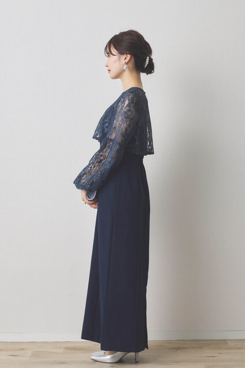 ネイビーのレースブラウス付きタイトラインドレス