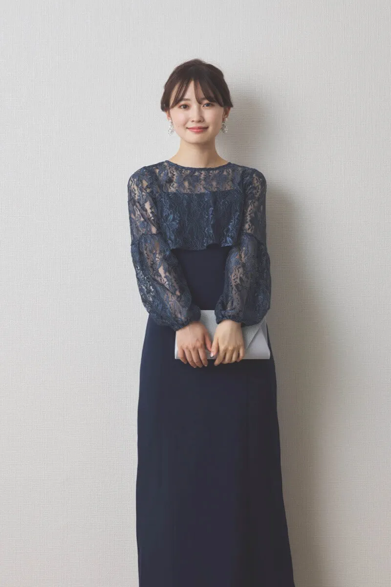 ネイビーのレースブラウス付きタイトラインドレス