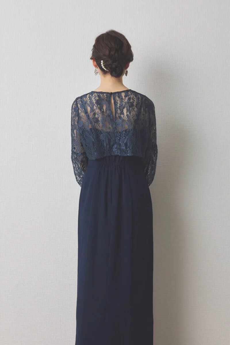ネイビーのレースブラウス付きタイトラインドレス