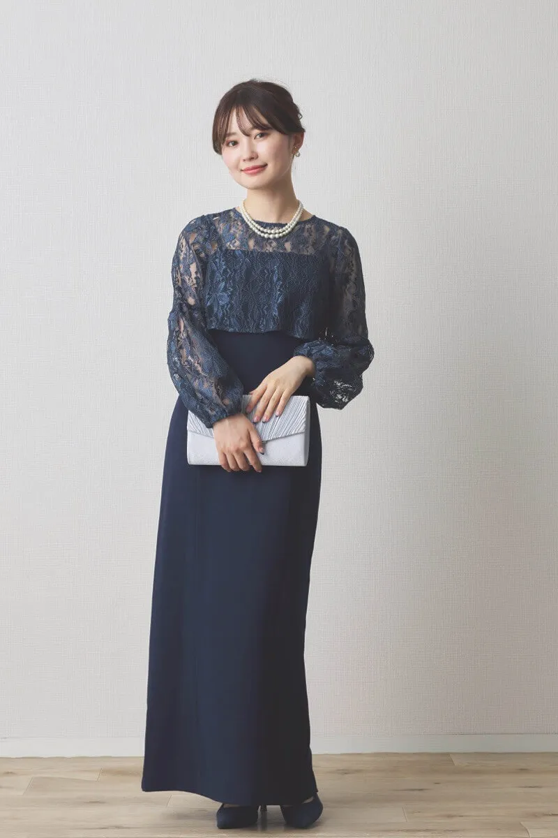ネイビーのレースブラウス付きタイトラインドレス